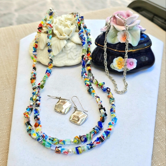 SET! Millefiori Glass Cubes Necklace, 925 SX Earrings & 925 Ankle Bracelet SET! - Picture 1 of 16